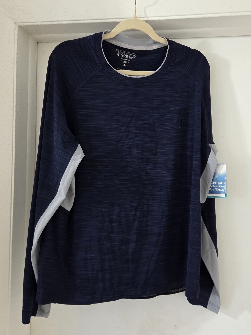 Coolibar Navy Long-Sleeve Sun Protection Tee with Light Gray Panels